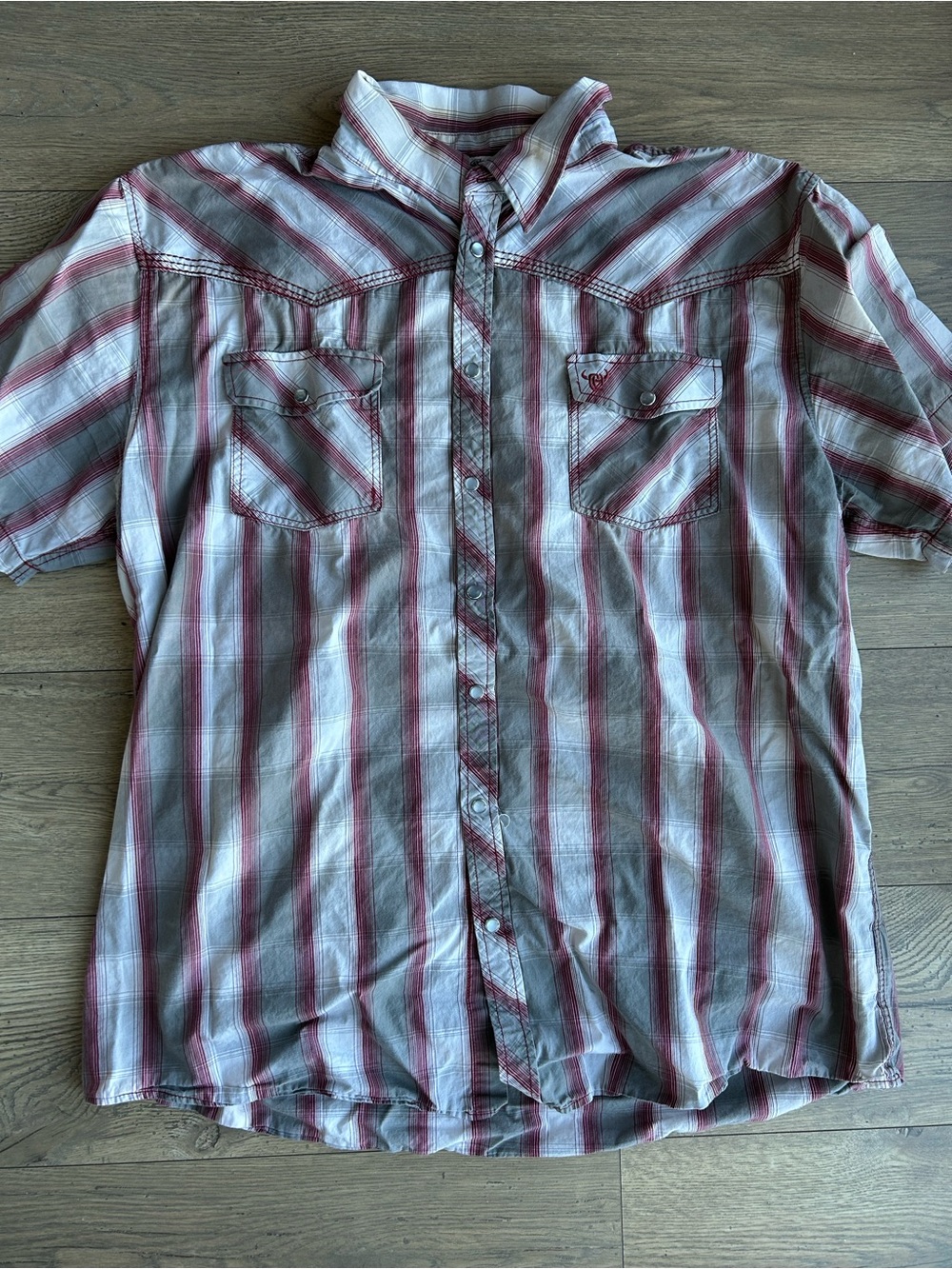 Cowboy Hardware Pearl Snap Short Sleeve Plaid Shirt - Red/Grey